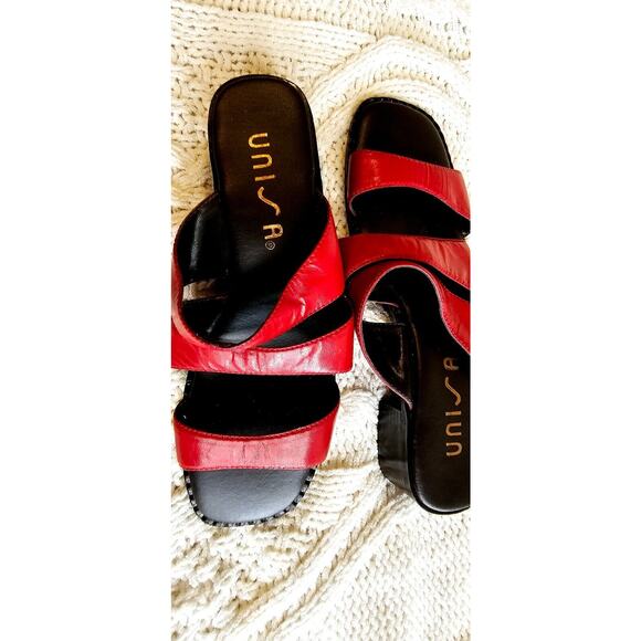 NEW Unisa RED Leather Slip On Heeled Sandals BRAZIL Womens 7M Strappy Patriotic - Picture 5 of 5